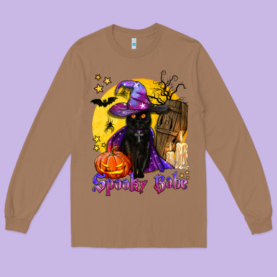 Spooky Babe Black Witch Cat Long Sleeve Tee Designed By Bundleandbundleshop