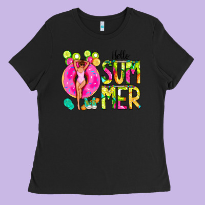 Hello Summer Donut Girl Ladies Tee Designed By Cowcowdesign