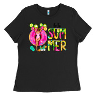 Black Hello Summer Donut Girl Ladies Tee - CowCowDesign