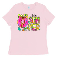 Bubblegum Pink Hello Summer Donut Girl Ladies Tee - CowCowDesign