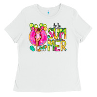 White Hello Summer Donut Girl Ladies Tee - CowCowDesign