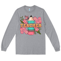 Heather Grey teacher floral pencil Long Sleeve Tee - BundleAndBundleShop