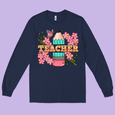 Teacher Floral Pencil Long Sleeve Tee Designed By Bundleandbundleshop