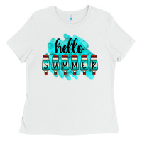 White Hello Summer Serape Turquoise Ladies Tee - CowCowDesign