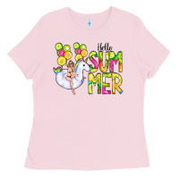 Bubblegum Pink Hello Summer Unicorn Ladies Tee - CowCowDesign
