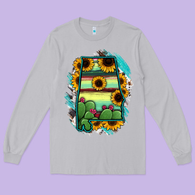 Alabama Map Sunflower Cactus Serape Long Sleeve Tee Designed By Ranaportraitstore