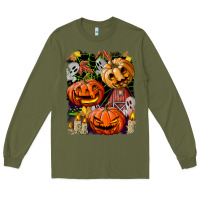 Army Green Halloween Pumpkins Long Sleeve Tee - BundleAndBundleShop