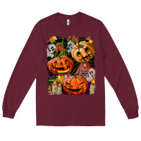 Burgundy Halloween Pumpkins Long Sleeve Tee - BundleAndBundleShop