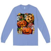 Colony Blue Halloween Pumpkins Long Sleeve Tee - BundleAndBundleShop