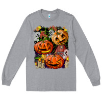 Heather Grey Halloween Pumpkins Long Sleeve Tee - BundleAndBundleShop