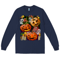 Navy Halloween Pumpkins Long Sleeve Tee - BundleAndBundleShop