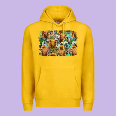 Highland Cow Western Background Premium Hoodie Designed By Jasminsmagicworld