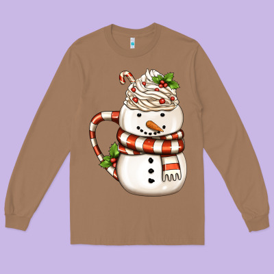 Christmas Snowman Coffee Cup Long Sleeve Tee Designed By Fadigitalartstudio