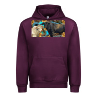 Mauve Wine Charolais and black angus bull with sunflower and leopard Urban Hoodie - RanaPortraitStore