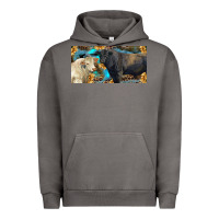 Pigment Tornado Charolais and black angus bull with sunflower and leopard Urban Hoodie - RanaPortraitStore