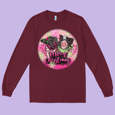 Pink Merry Christmas Pig Long Sleeve Tee Designed By Fadigitalartstudio