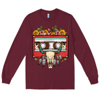 Burgundy bull skull sunflower floral cassette Long Sleeve Tee - FaDigitalArtStudio