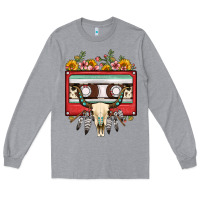 Heather Grey bull skull sunflower floral cassette Long Sleeve Tee - FaDigitalArtStudio