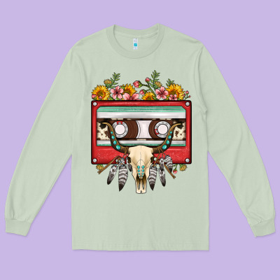 Bull Skull Sunflower Floral Cassette Long Sleeve Tee Designed By Fadigitalartstudio