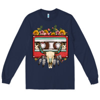 Navy bull skull sunflower floral cassette Long Sleeve Tee - FaDigitalArtStudio
