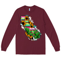 Burgundy California Map Sunflower Cactus Serape Long Sleeve Tee - RanaPortraitStore