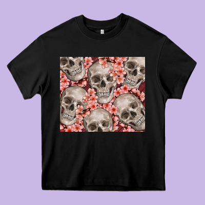 Skulls And Flowers Heavy Core Tee Designed By Tumblerdesignbyshophia