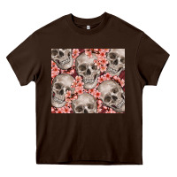 Chocolate Brown skulls and flowers Heavy Core Tee - TumblerDesignByShophia