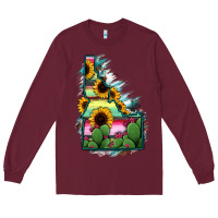 Burgundy Idaho Map Sunflower Cactus Serape Long Sleeve Tee - RanaPortraitStore