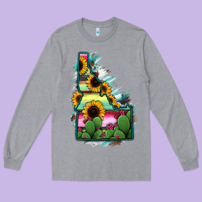 Idaho Map Sunflower Cactus Serape Long Sleeve Tee Designed By Ranaportraitstore