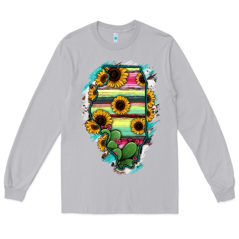 Illinois Map Sunflower Cactus Serape Long Sleeve Tee by RanaPortraitStore | Teevron