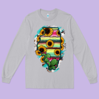 Illinois Map Sunflower Cactus Serape Long Sleeve Tee Designed By Ranaportraitstore