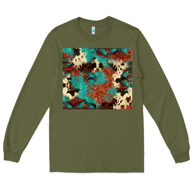 Serape Turquoise Glitter Cowhide  Tooled Leather  Tumbler Long Sleeve Tee by FaDigitalArtStudio | Teevron