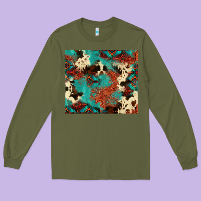 Serape Turquoise Glitter Cowhide  Tooled Leather  Tumbler Long Sleeve Tee Designed By Fadigitalartstudio
