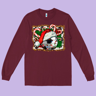 Soccer Ball Christmas With Hat And Candy Cane Long Sleeve Tee Designed By Fadigitalartstudio