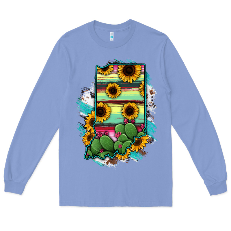 Indiana Map Sunflower Cactus Serape Long Sleeve Tee by RanaPortraitStore | Teevron