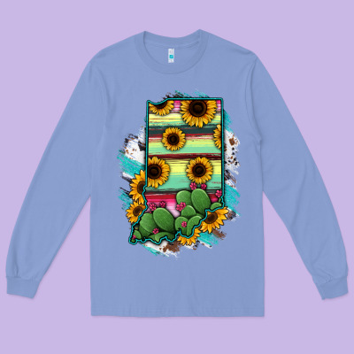 Indiana Map Sunflower Cactus Serape Long Sleeve Tee Designed By Ranaportraitstore