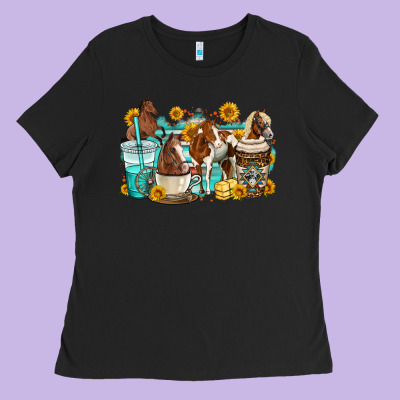 Horses Coffee Cups Ladies Tee Designed By Oliviacreatesart