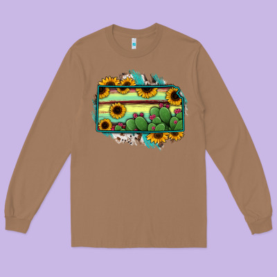 Kansas Map Sunflower Catus Serape Long Sleeve Tee Designed By Ranaportraitstore