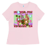 Bubblegum Pink Easter eggs bunnys basket Ladies Tee - OliviaCreatesArt