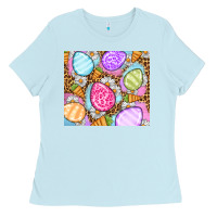 Baby Blue Easter eggs daisies carrots Ladies Tee - OliviaCreatesArt