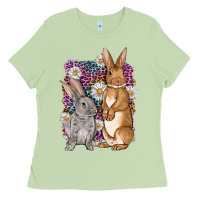 Matcha Bunnys Easter with leopard background Ladies Tee - OliviaCreatesArt