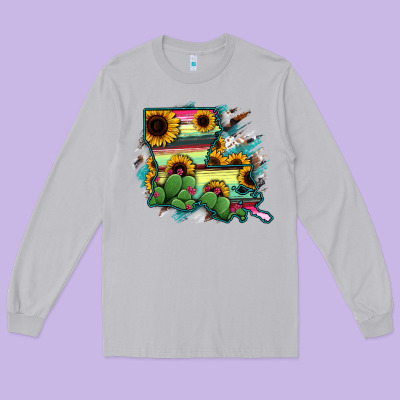 Louisiana Map Sunflower Cactus Serape Long Sleeve Tee Designed By Ranaportraitstore