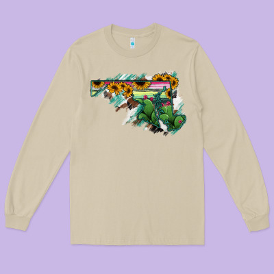 Maryland Map Sunflower Cactus Serape Long Sleeve Tee Designed By Ranaportraitstore
