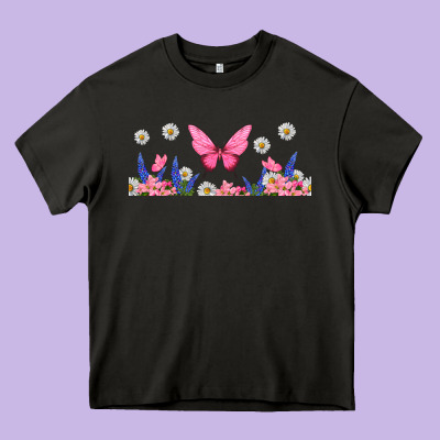 Butterflies And Flowers Heavy Core Tee Designed By Tumblerdesignbyshophia