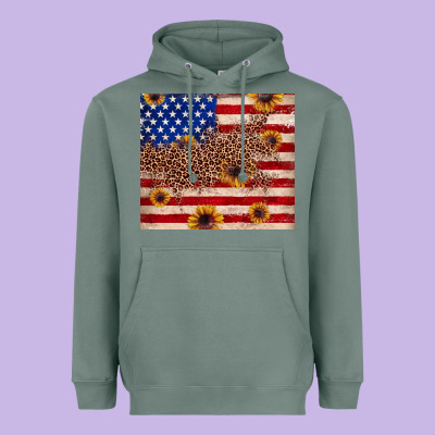 American Flag Leopard Sunflower Heavyweight Hoodie Designed By Jahusdesignshop