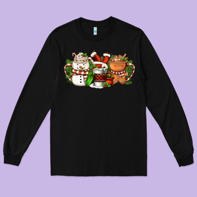 Christmas Coffee Cups Long Sleeve Tee Designed By Fadigitalartstudio