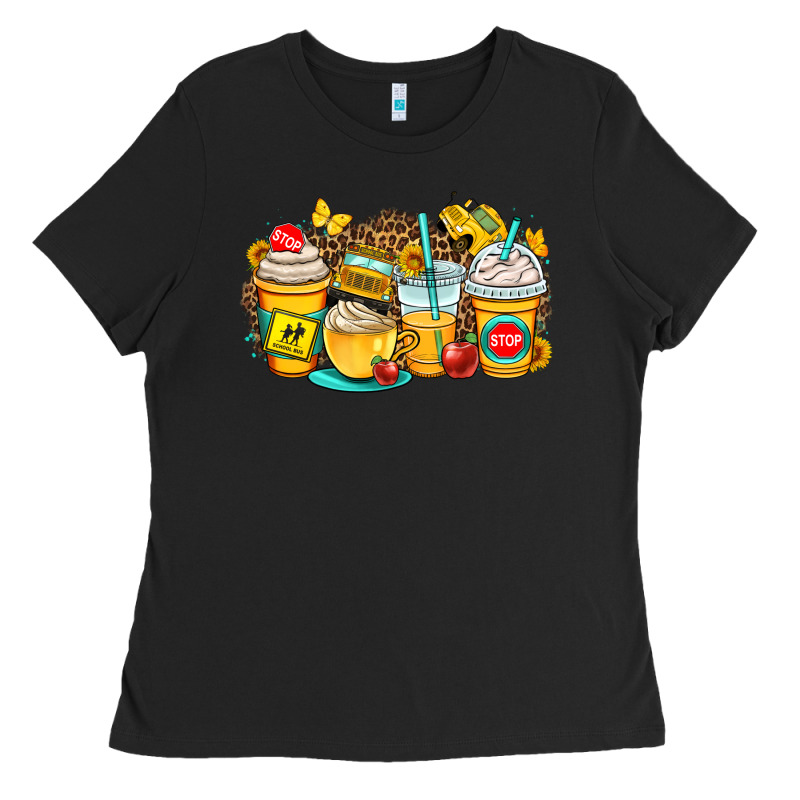 School Bus Coffee Cups Ladies Tee by OliviaCreatesArt | Teevron
