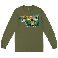 Army Green Oklahoma Map Sunflower Cactus Serape Long Sleeve Tee - RanaPortraitStore