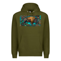 Army Green Bison with leopard and turquoise Premium Hoodie - RanaPortraitStore