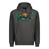 Charcoal Heather Bison with leopard and turquoise Premium Hoodie - RanaPortraitStore